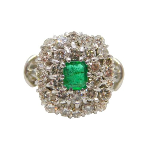 18ct White Gold, 1.5ct Diamond & Columbian Emerald Engagement Ring Vintage c1990