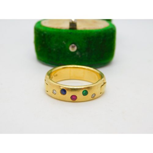 18ct Yellow Gold, Diamond, Emerald, Ruby & Sapphire Dress Ring Vintage c1990