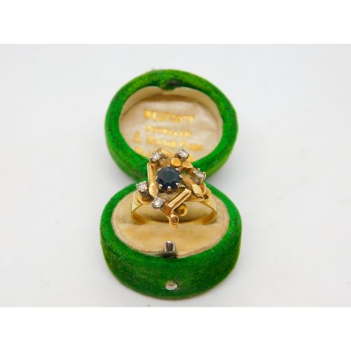 18ct Yellow Gold, Sapphire & Diamond Modernist Statement Ring Antique c1930