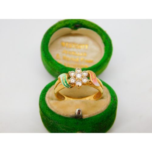 18ct Yellow Gold, Spinel & Pink-Green Enamel Floral Cluster Ring Vintage c1990