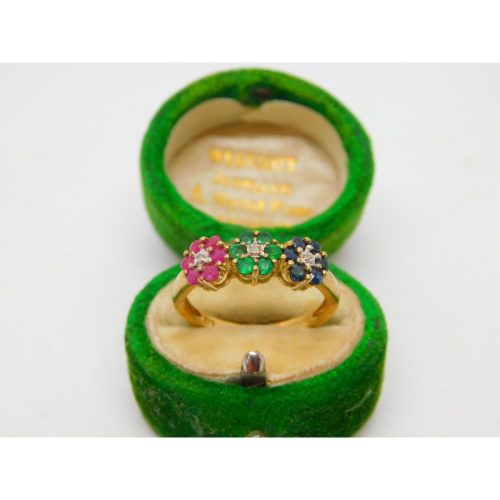 9ct Gold, Sapphire, Emerald, Ruby & Diamond Floral Band Ring Vintage 2007