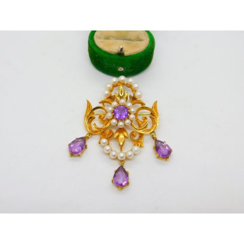 9ct Yellow Gold, Amethyst & Pearl Large Lavalier Drop Pendant Vintage 1971 London