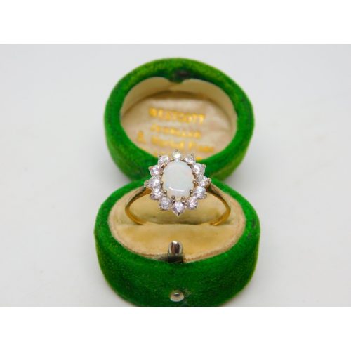 9ct Yellow Gold, Cabochon Opal & Spinel Floral Cluster Ring Vintage c1980