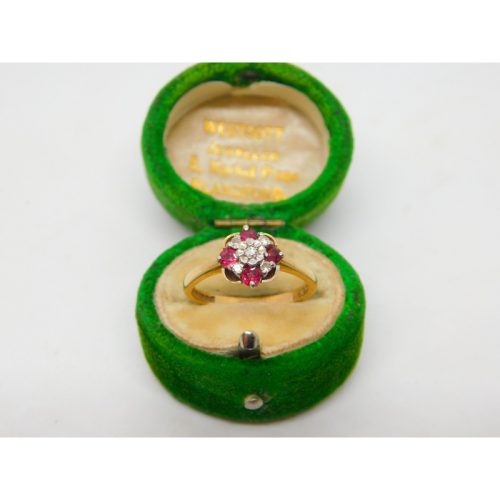 9ct Yellow Gold, Diamond & Ruby Set Floral Cluster Ring Vintage 1975 Birmingham
