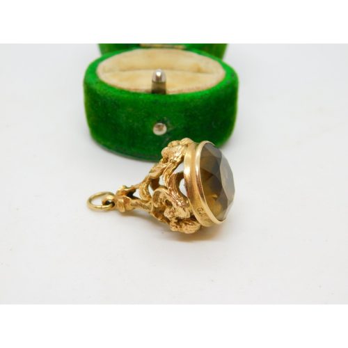 9ct Yellow Gold Floral Pattern Citrine Set Fob Pendant Vintage 1961 London