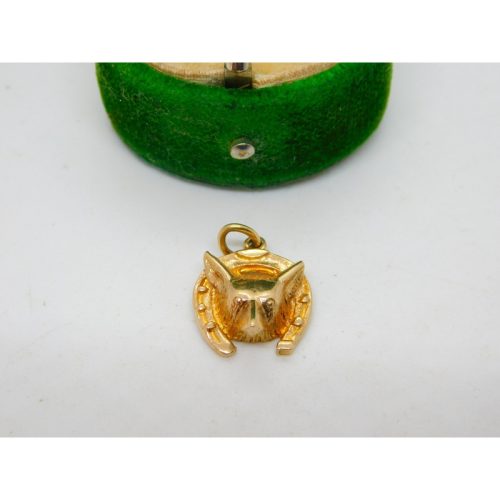 9ct Yellow Gold, Fox Mask & Horseshoe Charm Pendant Vintage c1970