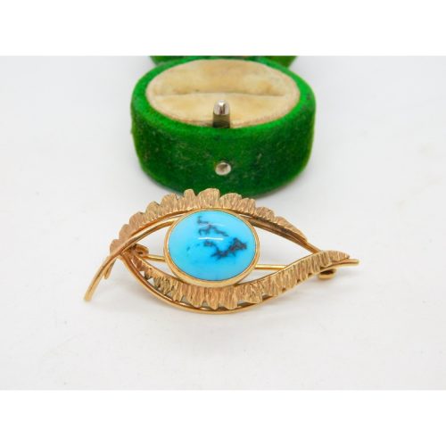 9ct Yellow Gold Navajo Style Cabochon Turquoise Feather Brooch Antique c1930