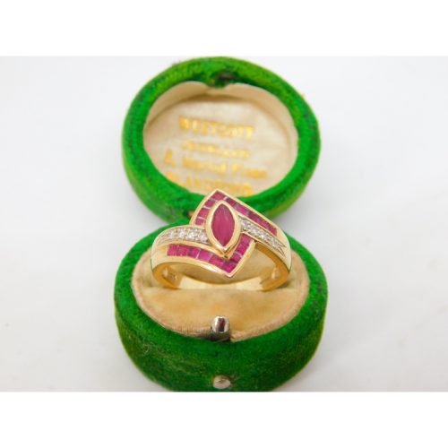 9ct Yellow Gold, Ruby & Diamond Crossover Ring Vintage c2000 Edinburgh