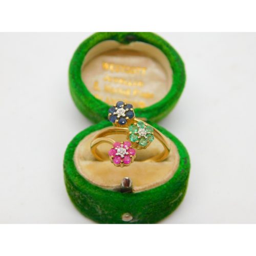 9ct Yellow Gold, Sapphire, Emerald, Ruby & Diamond Floral Ring Vintage 1990