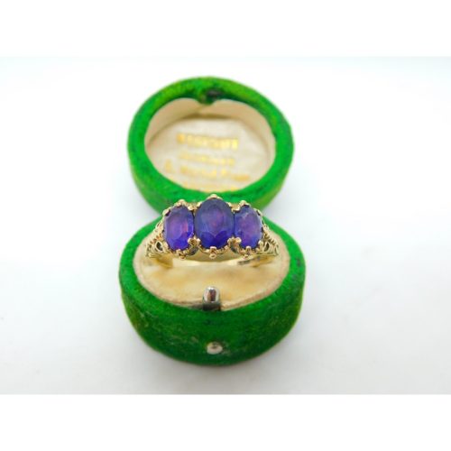 9ct Yellow Gold Three Stone Amethyst Boat Ring Vintage 1990 Birmingham