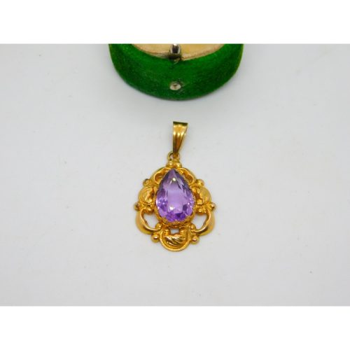 Edwardian 14ct Gold & Pear Cut Amethyst Drop Pendant Antique c1910