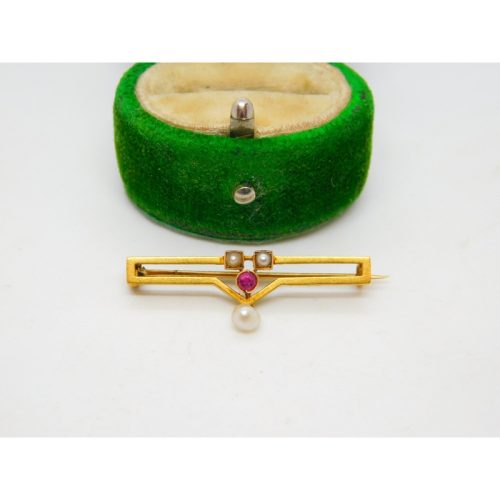 Edwardian 15ct Yellow Gold, Ruby & Pearl Set Drop Brooch Antique c1910