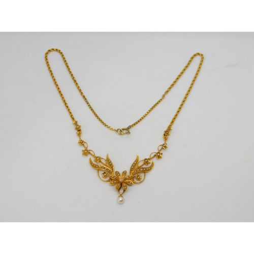 Edwardian 15ct Yellow Gold & Seed Pearl Floral Dress Necklace Antique c1910