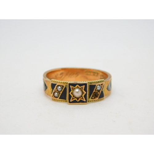 Edwardian 9ct Gold, Black Enamel & Seed Pearl Mourning Ring Antique 1904 Chester