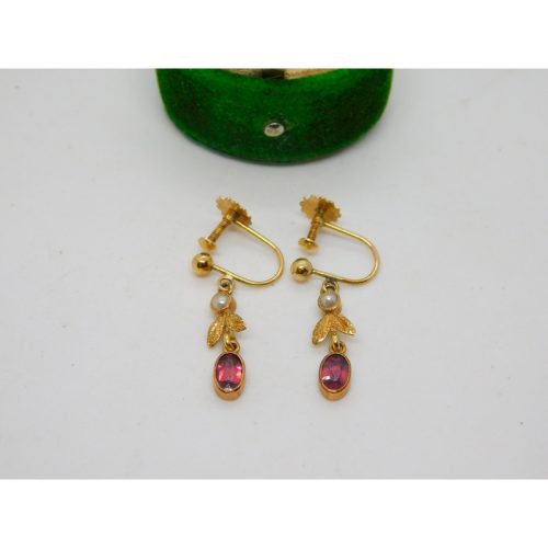 Edwardian 9ct Gold, Garnet & Seed Pearl Screw Back Drop Earrings Antique c1910