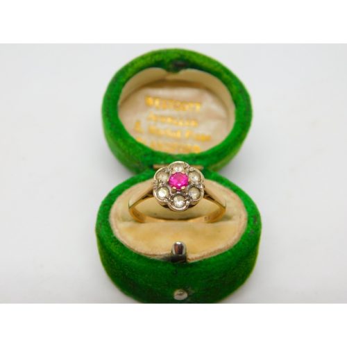 Edwardian 9ct Gold, Ruby & Spinel Set Floral Cluster Ring Antique c1910