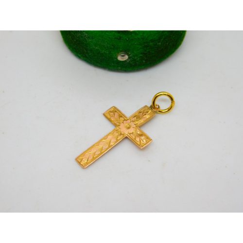Edwardian 9ct Yellow Gold Floral Pattern Cross Pendant Antique c1910