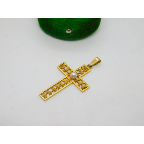 Edwardian 9ct Yellow Gold Pearl Set Floral Cross Pendant Antique c1910
