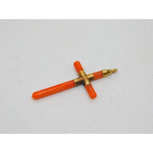 George III 15ct Yellow Gold & Carved Red Coral Cross Pendant Antique c1820