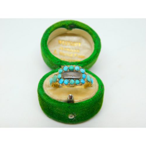George III 18ct Yellow Gold & Turquoise Mourning Ring Engraved Ob. Antique 1819
