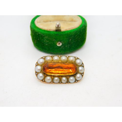 George III 9ct Gold, Pearl & Foil Back Citrine Mourning Brooch Antique c1820