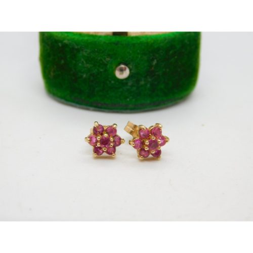 Pair of 9ct Yellow Gold & Ruby Set Floral Cluster Stud Earrings Vintage c1970