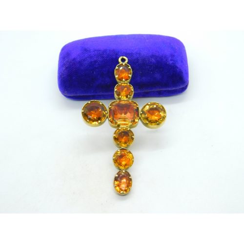Victorian 15ct Yellow Gold Faceted Citrine Large Cross Pendant Antique c1840