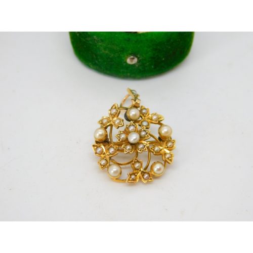 Victorian 15ct Yellow Gold Pearl Set Floral Drop Pendant Antique c1890