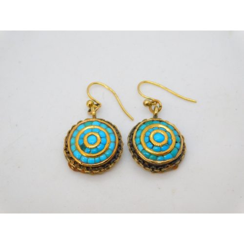 Victorian 15ct Yellow Gold & Turquoise Set Etruscan Style Hook Earrings Antique c1840