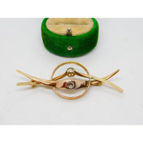 Victorian 18ct Yellow Gold & 0.4ct Old Cut Diamond Set Crossover Brooch Antique c1900