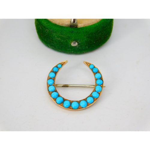 Victorian 18ct Yellow Gold Graduating Turquoise Crescent Brooch Antique c1880