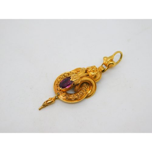 Victorian 18ct Yellow Gold Pink Paste Etruscan Style Drop Pendant Antique c1860