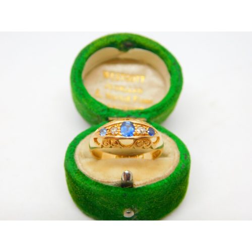 Victorian 18ct Yellow Gold, Sapphire & Diamond Boat Ring Antique 1867 Birmingham