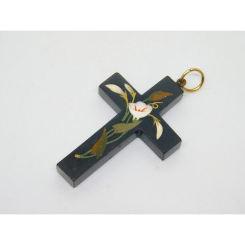 Victorian 9ct Gold Lily Flower Pietra Dura Mosaic Cross Pendant Antique c1860