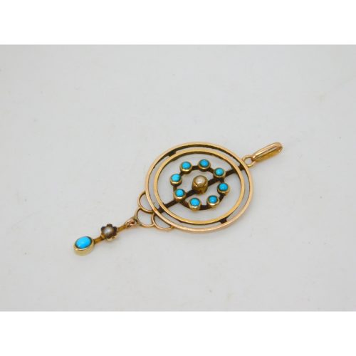 Victorian 9ct Gold, Turquoise & Seed Pearl Lavalier Drop Pendant Antique c1890
