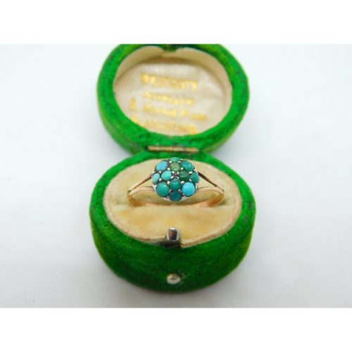 Victorian 9ct Yellow Gold & Pave Set Turquoise Ring Antique c1860