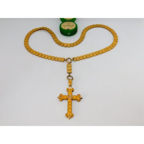 Victorian Aesthetic Rolled Gold 17th Century Style Cross Medal Necklace c1860