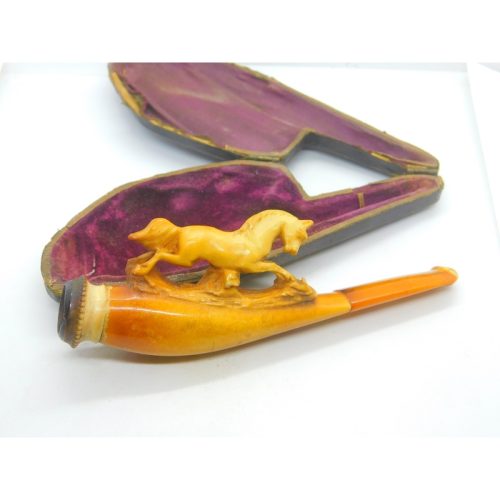 Victorian Meerschaum & Block Amber Galloping Horse Pipe Antique c1880 Boxed
