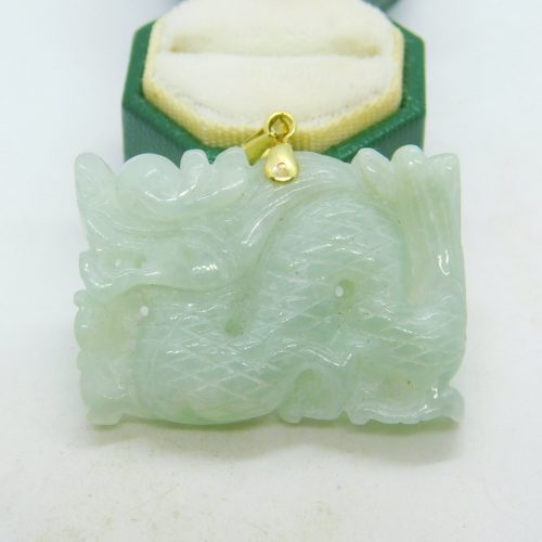 14ct Yellow Gold & Carved Apple-Green Jade Dragon Pendant Vintage c1970