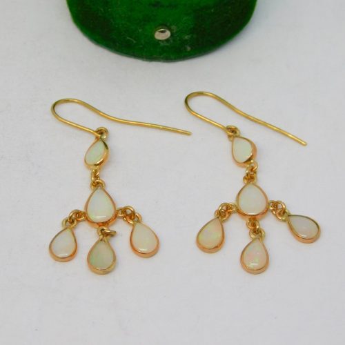 14ct Yellow Gold & White Opal Droplet Form Hook Earrings Vintage c1970