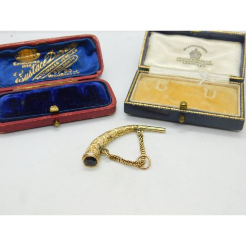 15ct Yellow Gold & Garnet Set Horn Form Watch Key Fob Pendant Antique c1900
