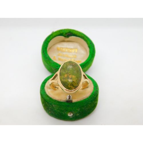 18ct Yellow Gold & Cabochon Unakite Set Signet Ring Vintage c1970