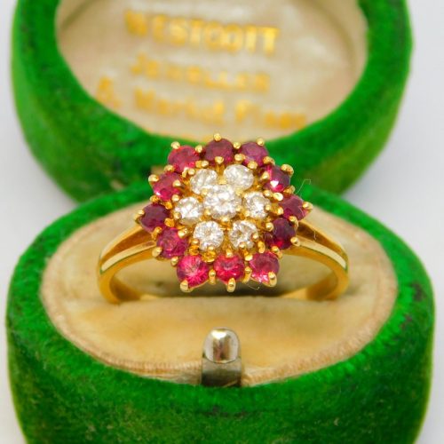 18ct Yellow Gold, Ruby & Diamond Set Floral Cluster Ring Vintage c1970