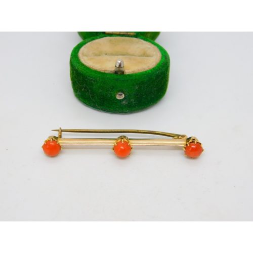19th Century 15ct Yellow Gold Red Coral Set Bar Brooch Antique c1880