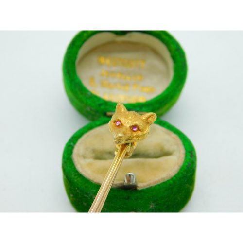 9ct & 18ct Yellow Gold Fox Mask Ruby Eye Hunting Stock Pin Brooch Antique 1936