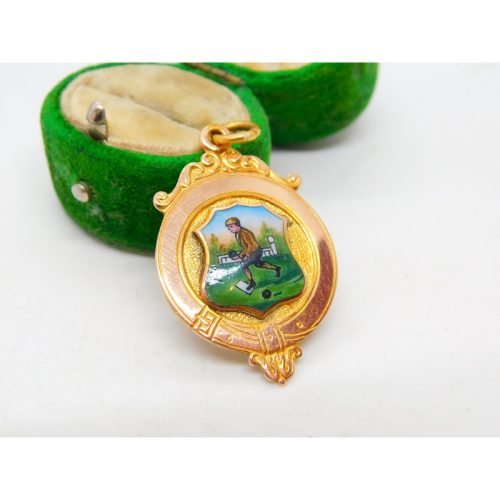 9ct Gold & Enamel Lawn Boules Sporting Fob Medal Antique 1927 Birmingham