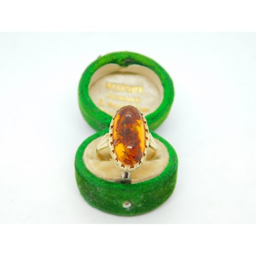 9ct Yellow Gold & Cabochon Baltic Amber Dress Ring Vintage c1970