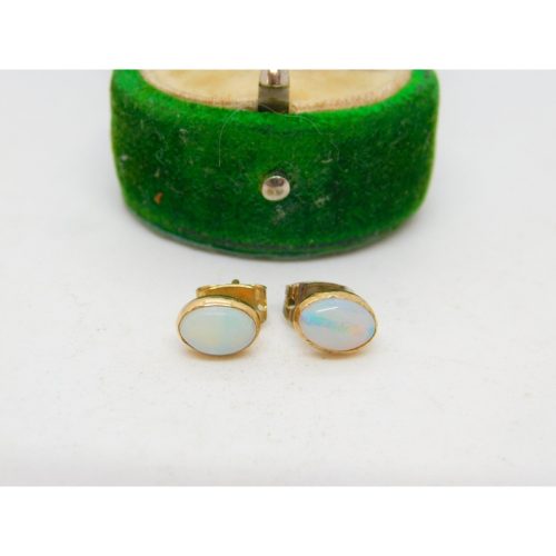 9ct Yellow Gold & Cabochon White Opal Stud Earrings Antique c1920 Art Deco