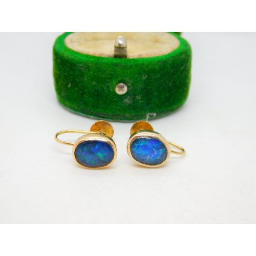 9ct Yellow Gold Doublet Black Opal Screw-Back Earrings Antique c1920 Art Deco