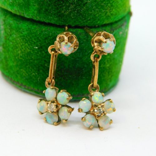 9ct Yellow Gold, Opal & Diamond Set Floral Stud Drop Earrings Antique c1930